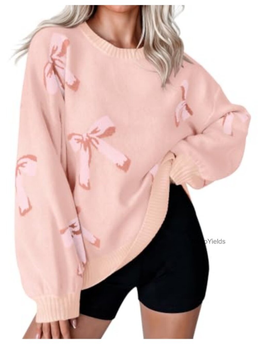 Oversized Bow Print Crewneck Pullover Sweater Fuzzy Knit